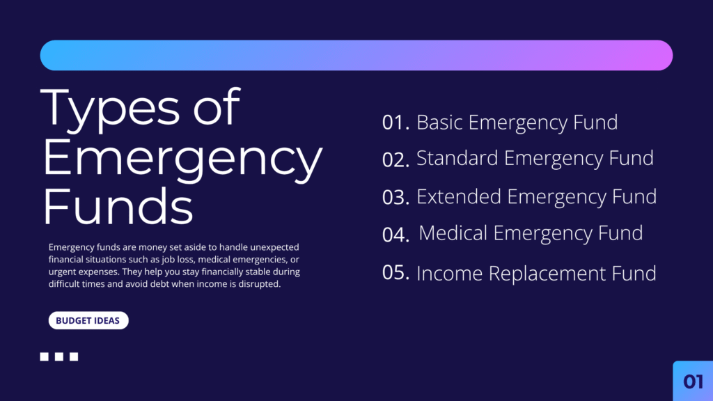 Types of emergency funds: basic, standard, extended, medical, and income replacement savings.”