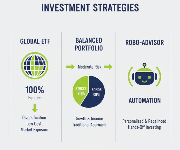 Infographic of investment strategies including global ETF, balanced portfolio, and robo-advisor to start investing with $100
